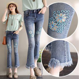 Embroidered Frayed Boot Cut Jeans