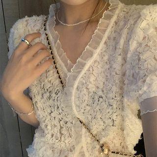 Puff-sleeve V-neck Lace Petal Top Light Almond - One Size