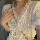 Puff-sleeve V-neck Lace Petal Top Light Almond - One Size
