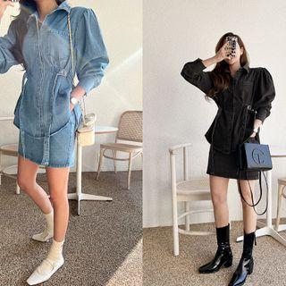 Set: Balloon-sleeve Belted Denim Jacket + Mini Denim Skirt