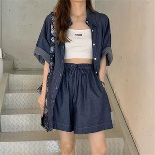 Single-breasted Short-sleeve Shirt + High-waist Wide-leg Shorts