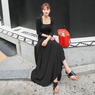 Set: Cardigan + Spaghetti-strap Maxi Flare Dress