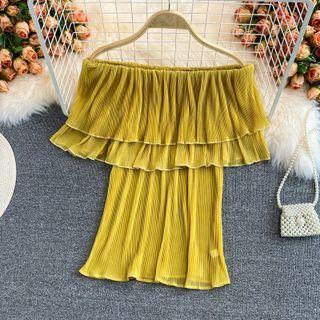 Ruffled Off-shoulder Pleated Chiffon Blouse