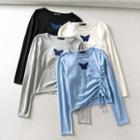 Butterfly Embroidered Long-sleeve Drawstring T-shirt