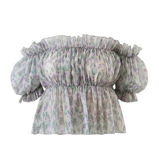 Short-sleeve Off-shoulder Floral Crop Top White - One Size