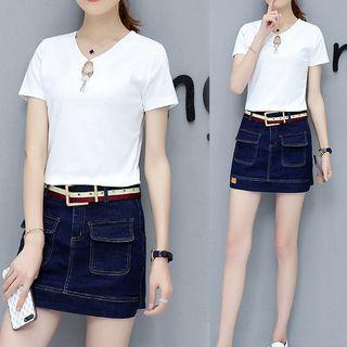 Set: Faux-pearl Short-sleeve T-shirt + Denim Skort