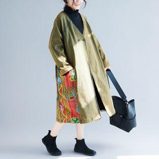 Printed Button Coat As Shown In Figure - One Size