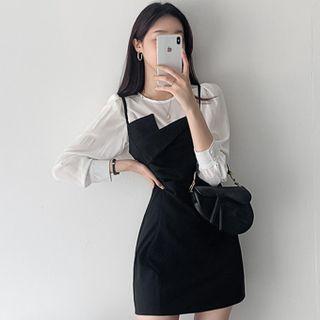 Set: Spaghetti Strap Asymmetrical Mini Dress + Long-sleeve Round Neck Blouse