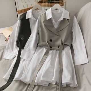 Set: Mini Shirtdress + Lapel Dress Vest With Belt