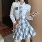 Tie-neck Crop Shirt / Plaid Mini Skirt