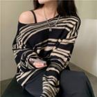 Round-neck Striped Long-sleeve Sweater As Shown In Figure - One Size