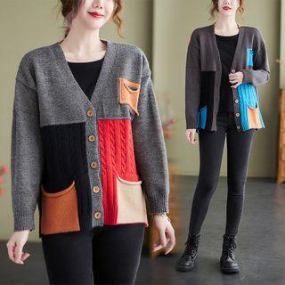 V-neck Color Block Panel Cardigan