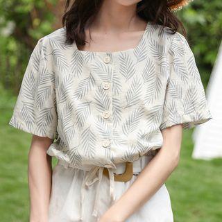Elbow-sleeve Leaf-pattern Buttoned Top