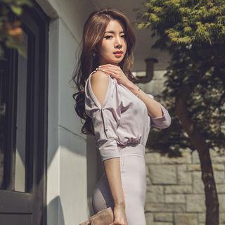 Faux-pearl Trim Off-shoulder Dress