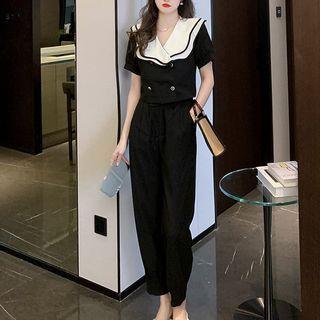 Set: Short-sleeve Double-breasted Shirt + Baggy Pants