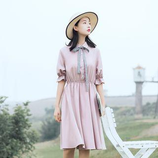 Ribbon Detail Elbow-sleeve A-line Dress