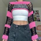Color Block Long Sleeve Knit Top Black + Hot Pink - One Size