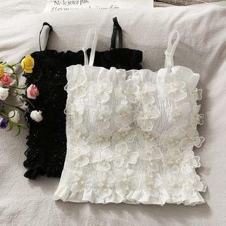 Pearled Flower-accent Ruffled Crop Top