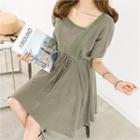Short-sleeve Drawstring-waist Lace-trim Linen Blend Dress