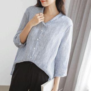 Shawl-collar Stripe Linen Blouse