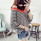 Mock Two Piece Cut Out Shoulder Striped 3/4 Sleeve T-shirt