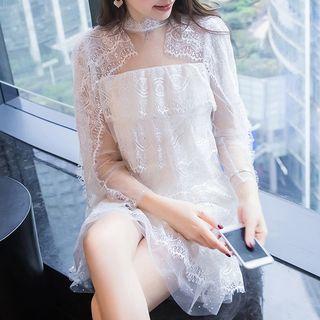 Long-sleeve Sheer Panel Lace Mini Dress