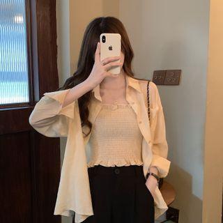 Set: Long-sleeve Plain Shirt + Frill Trim Shirred Camisole Top