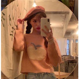 Long-sleeve Apple Printed Knit Sweater As Shown In Figure - One Size