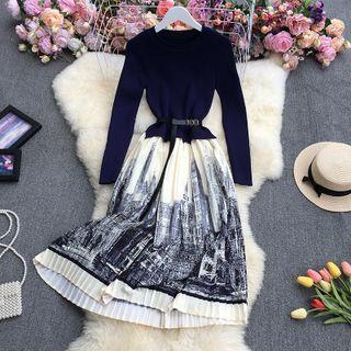 Print Panel Knit Accordion Pleat Maxi A-line Dress