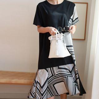 Patterned-panel Flounced Long Dress Black - One Size
