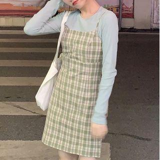 Long-sleeve Plain T-shirt / Plaid Spaghetti Strap Mini Dress