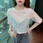 Short-sleeve Mock Two-piece Sequined Top