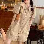 Puff-sleeve Collared Button-up Mini Dress Khaki - One Size
