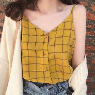 Plaid Buttoned Chiffon Camisole Top