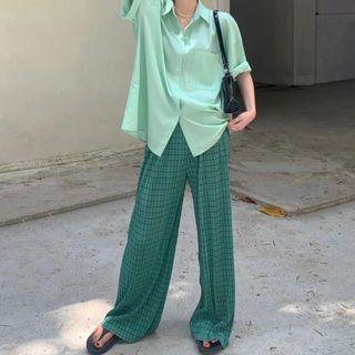 Elbow-sleeve Shirt / Plaid Wide-leg Pants