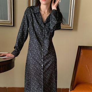 Long-sleeve Floral Print Midi Shirt Dress Black - One Size