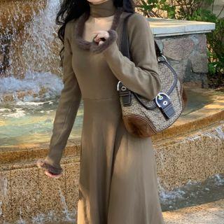 Long-sleeve Fluffy Trim Knit Midi A-line Dress