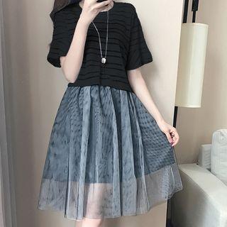 Set: Striped Short-sleeve Top + Mesh Panel Spaghetti Strap Dress