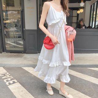 Sleeveless Ruffle Trim Layer Pleated Dress