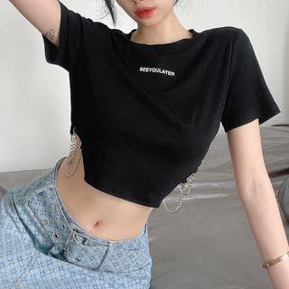 Short Sleeve Chain Detail Lettering Crop Top