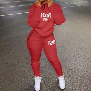 Set: Lettering Half-zip Sweatshirt + Pants
