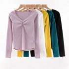 V-neck Long-sleeve Ribbed Shirred Top