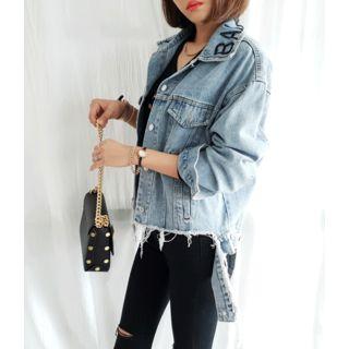 Letter Print Distressed Denim Jacket Light Blue - One Size