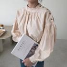 Lantern-sleeve Button Plain Loose Fit Blouse