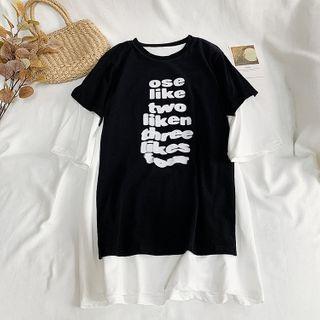 Elbow-sleeve Mock Two-piece Lettering Midi Dress Black & White - One Size