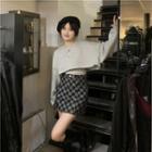 Cropped Sweatshirt / Camisole Top / Checkered Mini Pencil Skirt