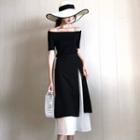 Set: Off-shoulder Short-sleeve Knit Top + Two-tone Midi A-line Skirt