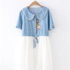 Short-sleeve Embroidered Denim Panel A-line Dress Blue & White - One Size