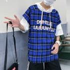 Mock Two-piece Striped Panel Hooded Elbow-sleeve T-shirt