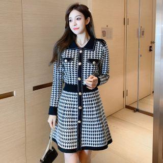 Long-sleeve Knit Houndstooth Mini A-line Shirtdress Houndstooth - Black & White - One Size